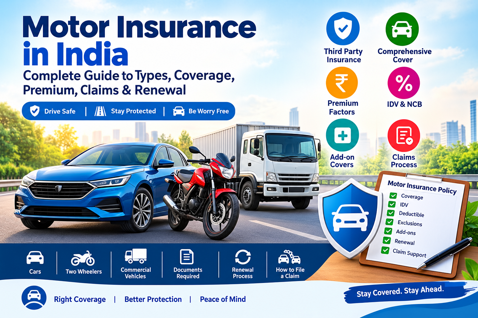 Motor Insurance in India – complete guide showing car, two-wheeler and commercial vehicle insurance with third-party cover, comprehensive coverage, premiums, IDV, NCB, add-ons, renewal and claims.